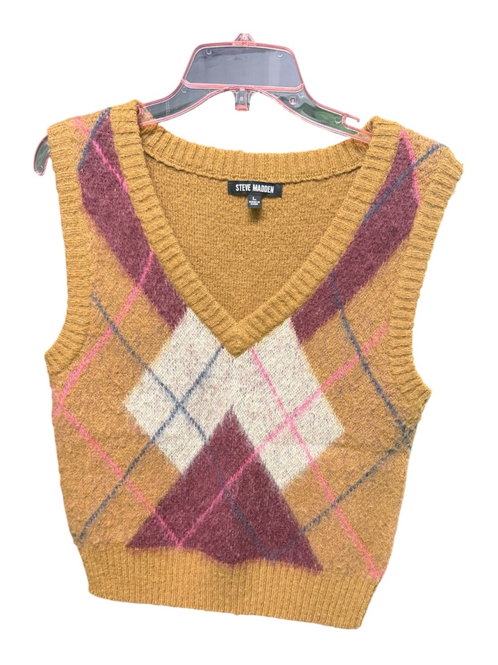 Steve Madden Ella Argyle Sweater Vest L Wool Blend Brushed V Neck Tan Plaid Knit